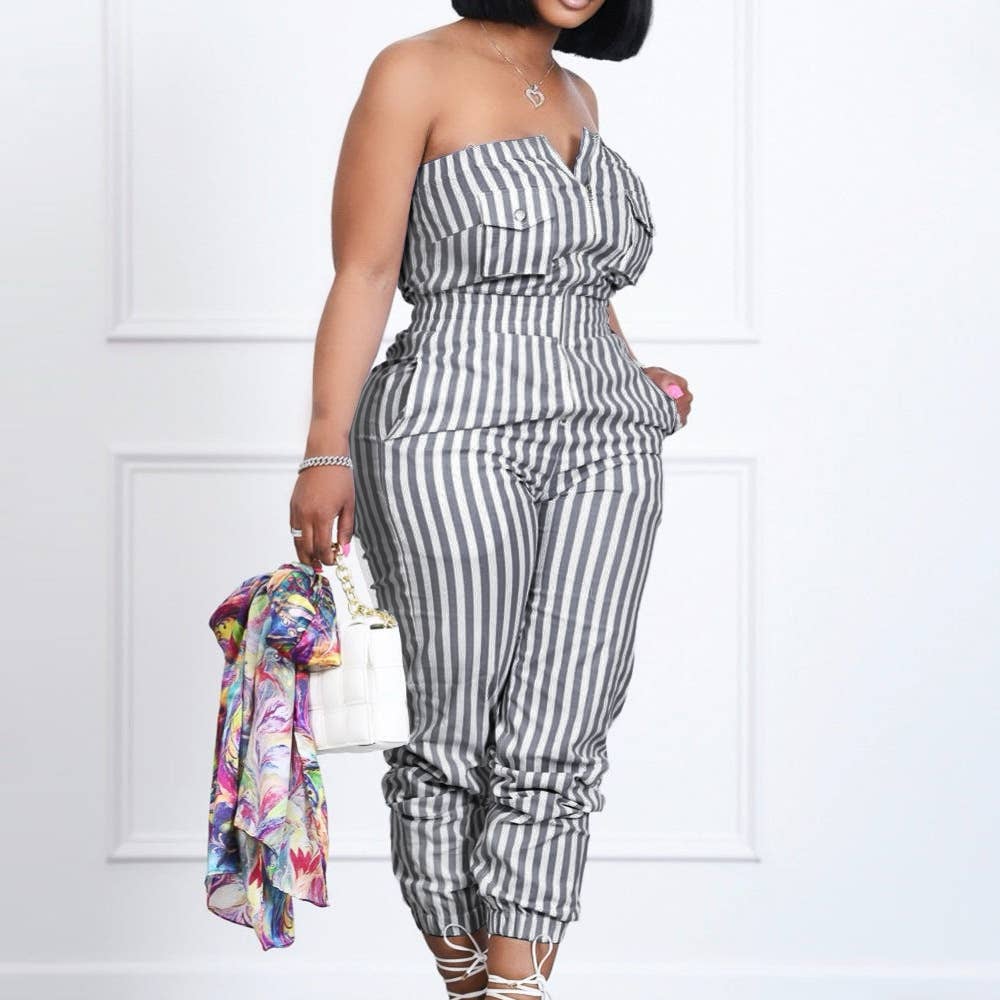 Women's Casual Striped Print Split Strapless Jumpsuits