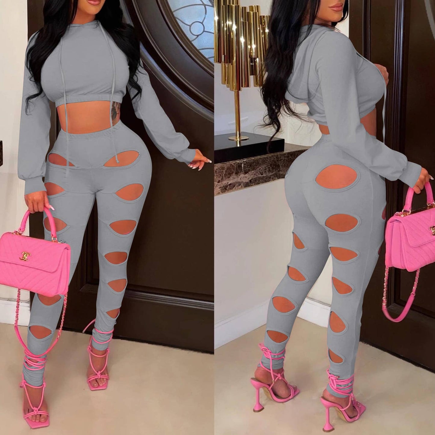 Sexy Hollow Sweatpants and Crop Top Hoodie