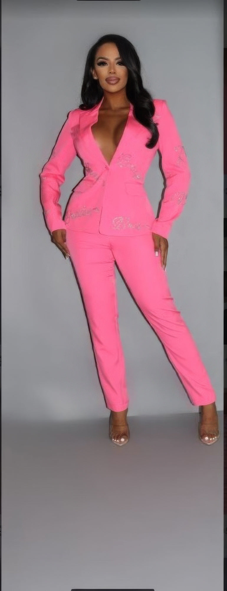 Powersuit Blazer & Pants Set With Rhinestone Letterings