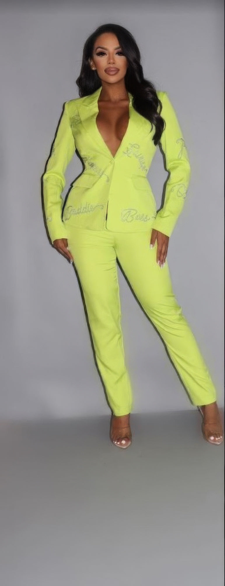 Powersuit Blazer & Pants Set With Rhinestone Letterings