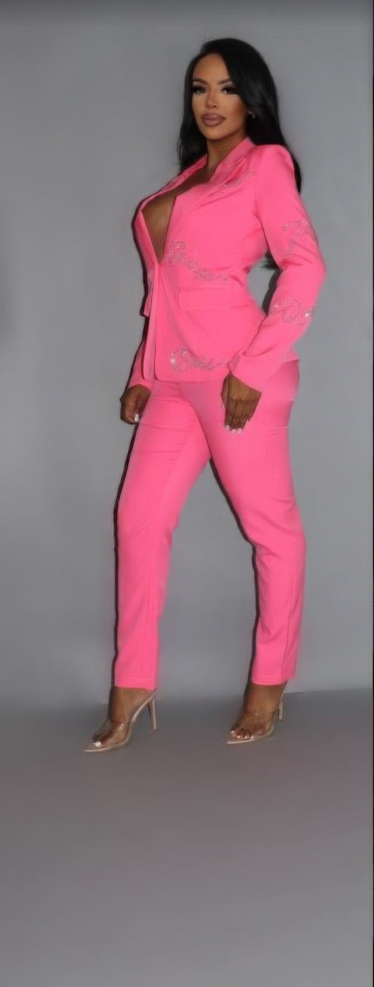 Powersuit Blazer & Pants Set With Rhinestone Letterings