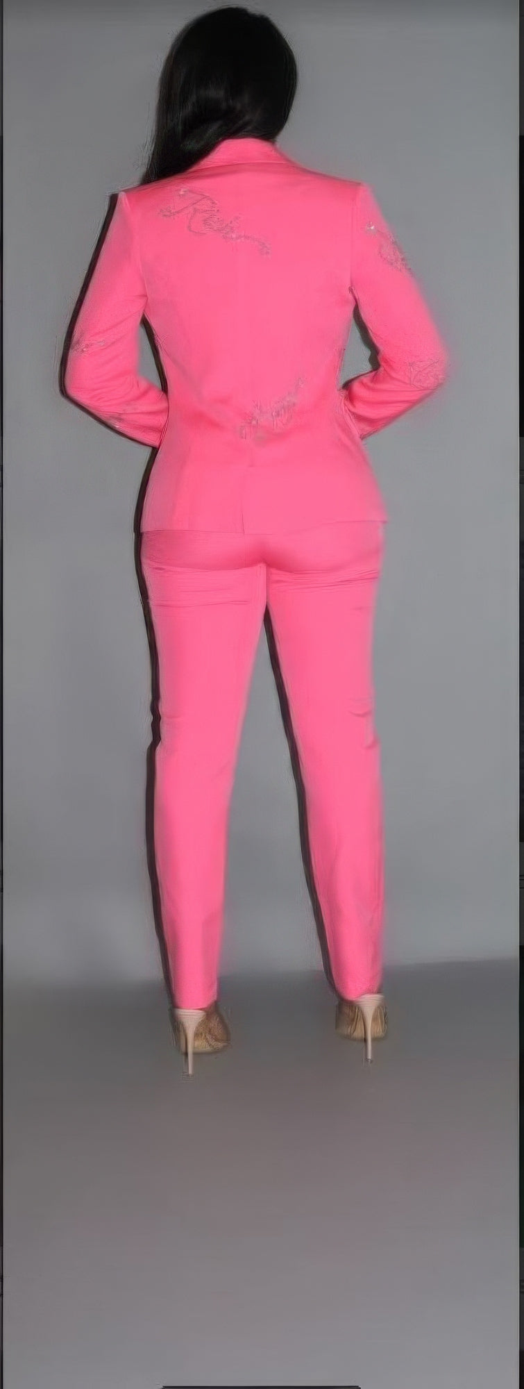 Powersuit Blazer & Pants Set With Rhinestone Letterings
