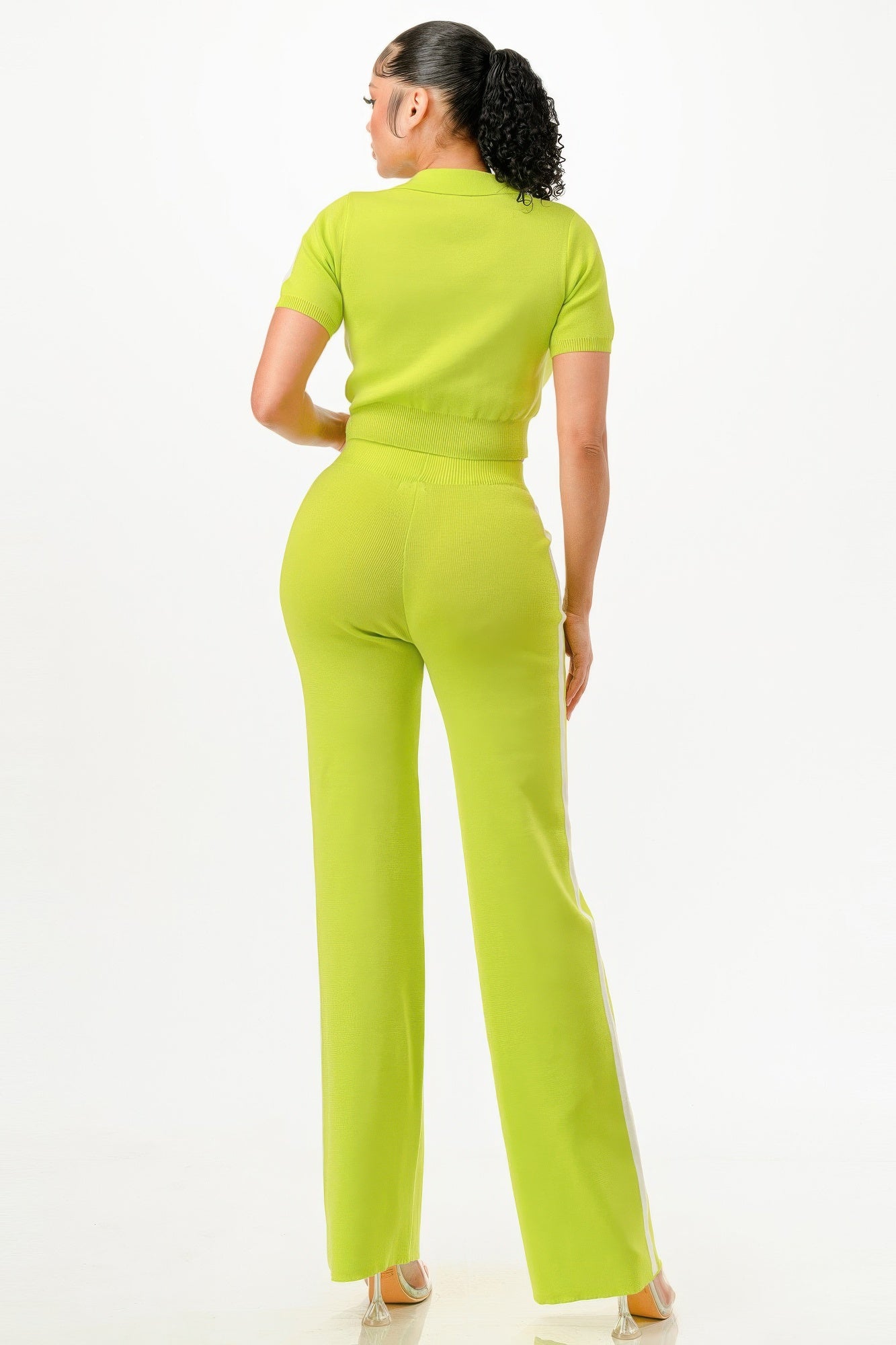 Cropped Polo Sweater Shirt And Pants Set.