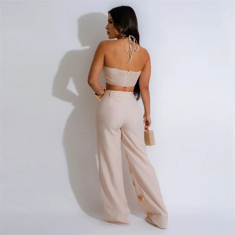 Cut Out Halter Crop Top and Pants Set