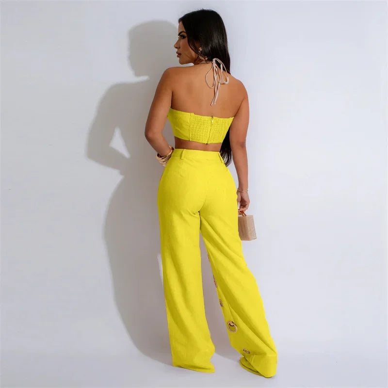 Cut Out Halter Crop Top and Pants Set