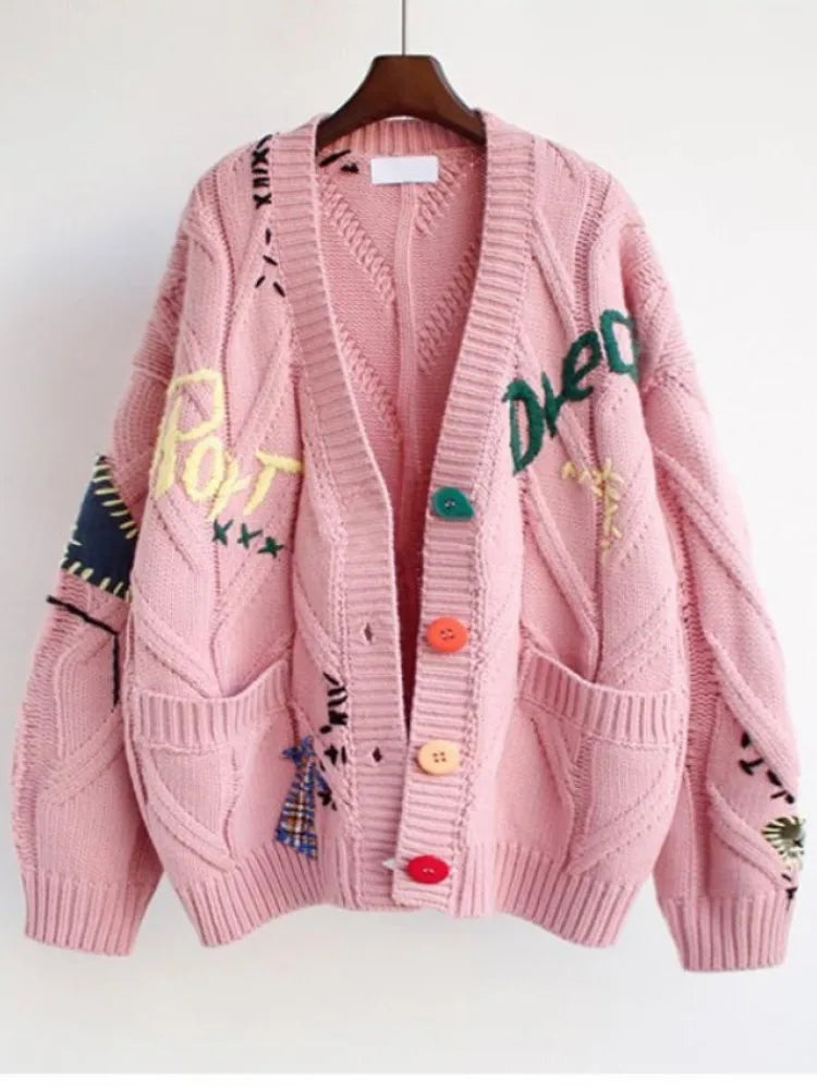 Letter Embroidery Loose V-Neck Cardigan