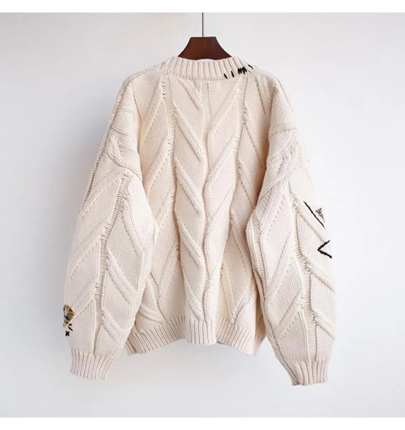Letter Embroidery Loose V-Neck Cardigan