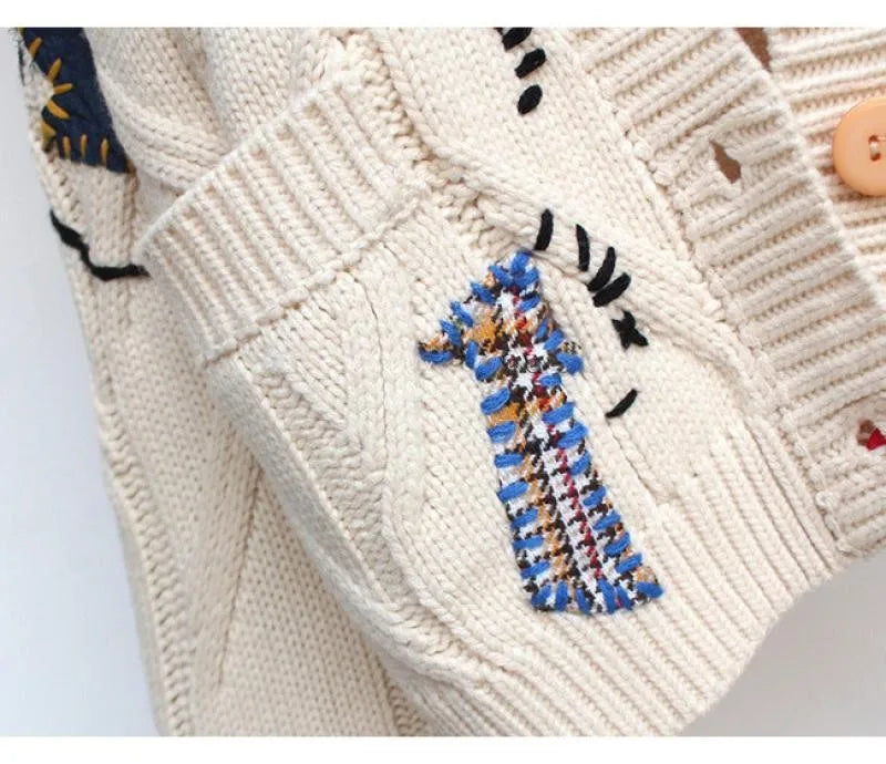Letter Embroidery Loose V-Neck Cardigan
