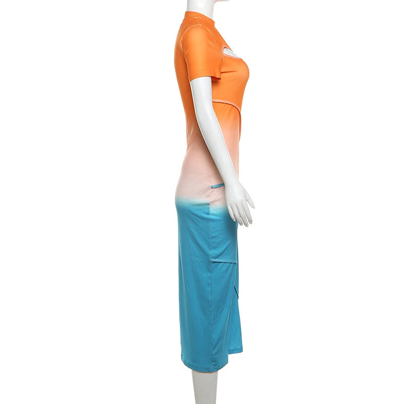 Cut Out Gradient Orange Short Sleeve Maxi Dress