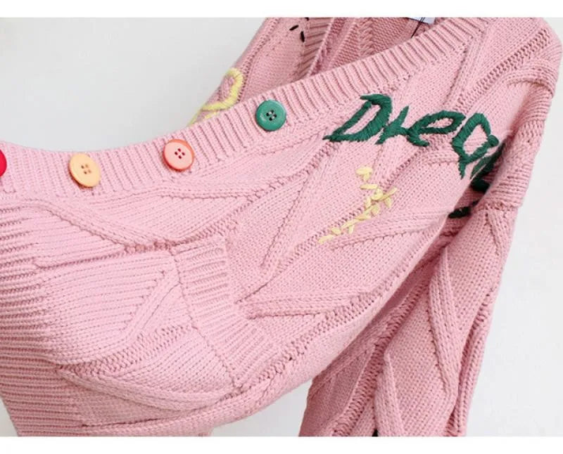 Letter Embroidery Loose V-Neck Cardigan