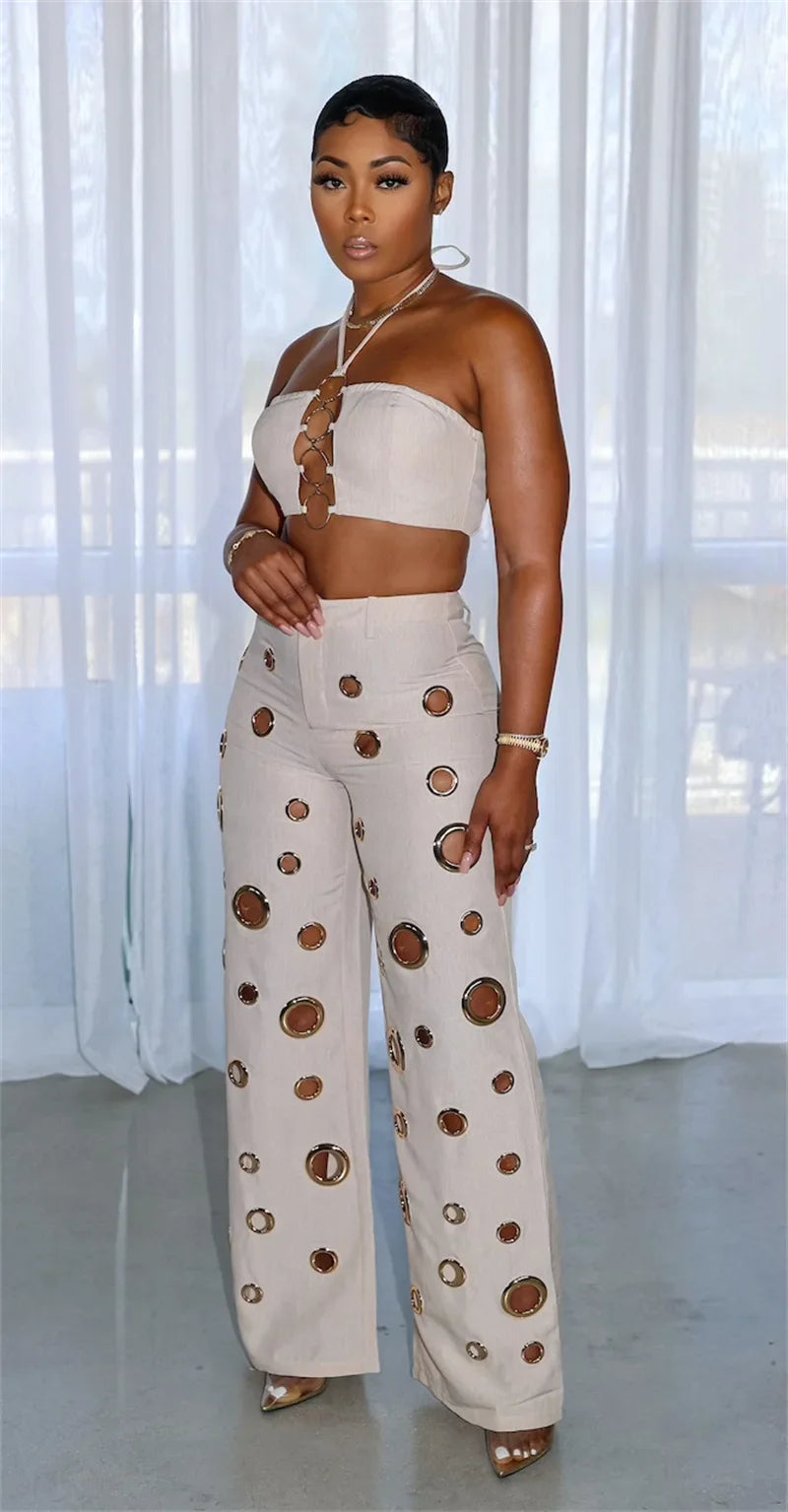 Cut Out Halter Crop Top and Pants Set
