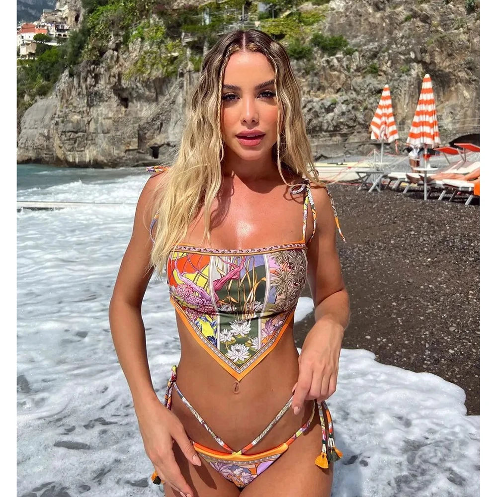 Vintage Print Halter Bikini