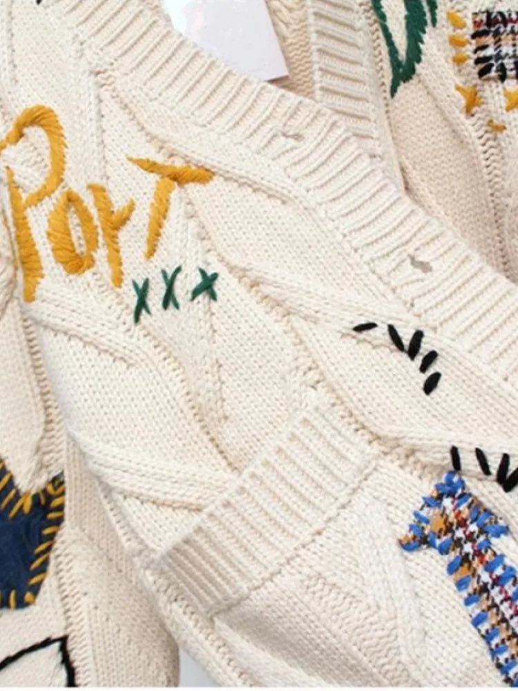 Letter Embroidery Loose V-Neck Cardigan