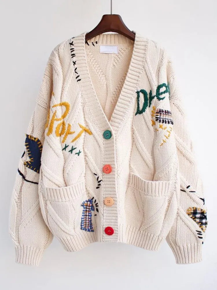 Letter Embroidery Loose V-Neck Cardigan