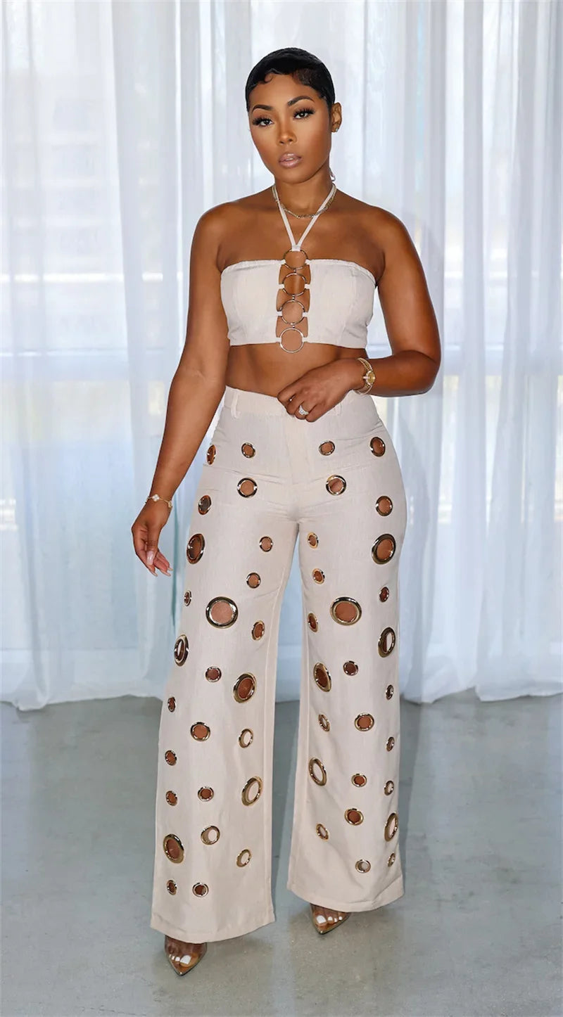 Cut Out Halter Crop Top and Pants Set