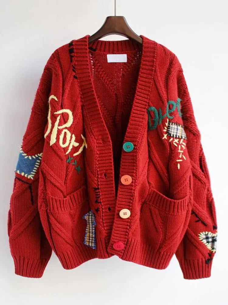 Letter Embroidery Loose V-Neck Cardigan