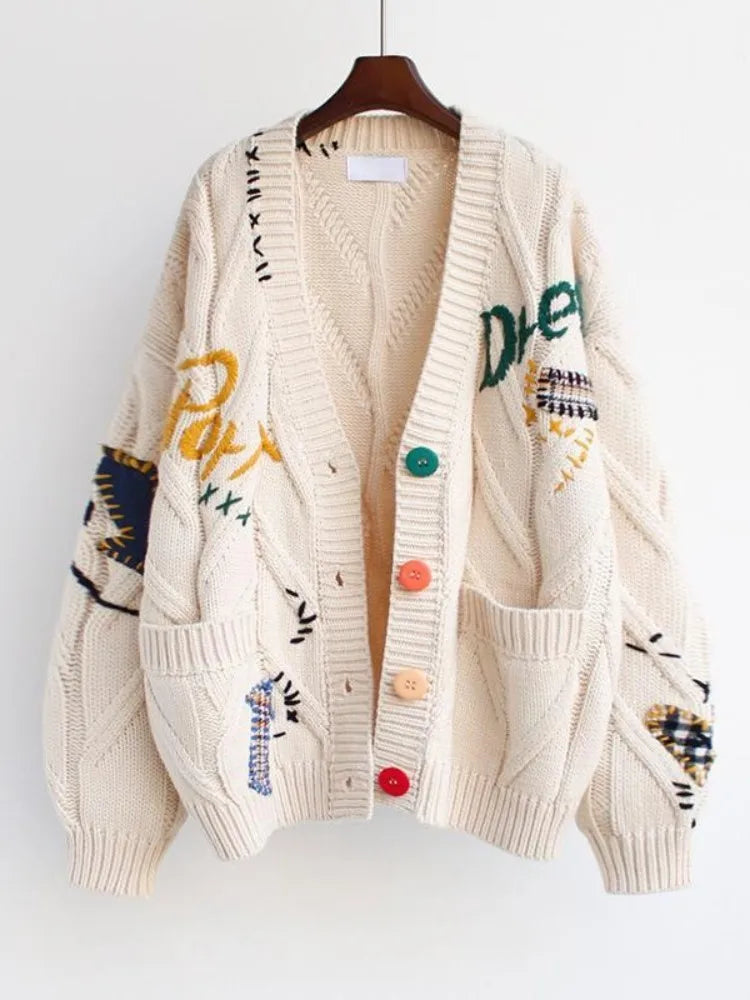 Letter Embroidery Loose V-Neck Cardigan
