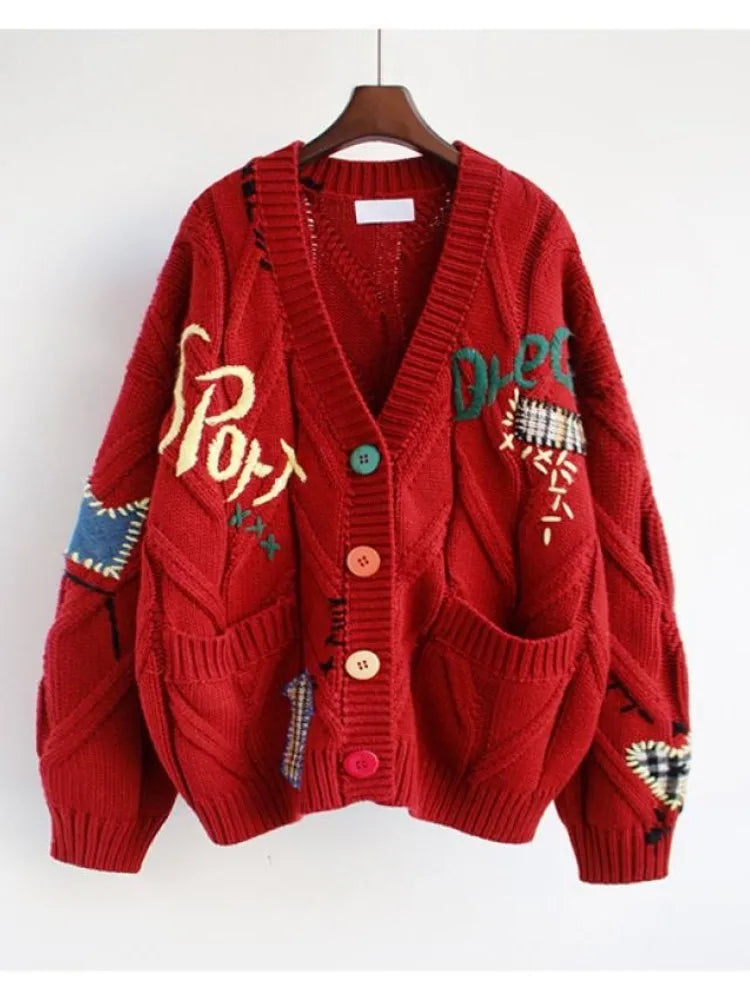Letter Embroidery Loose V-Neck Cardigan