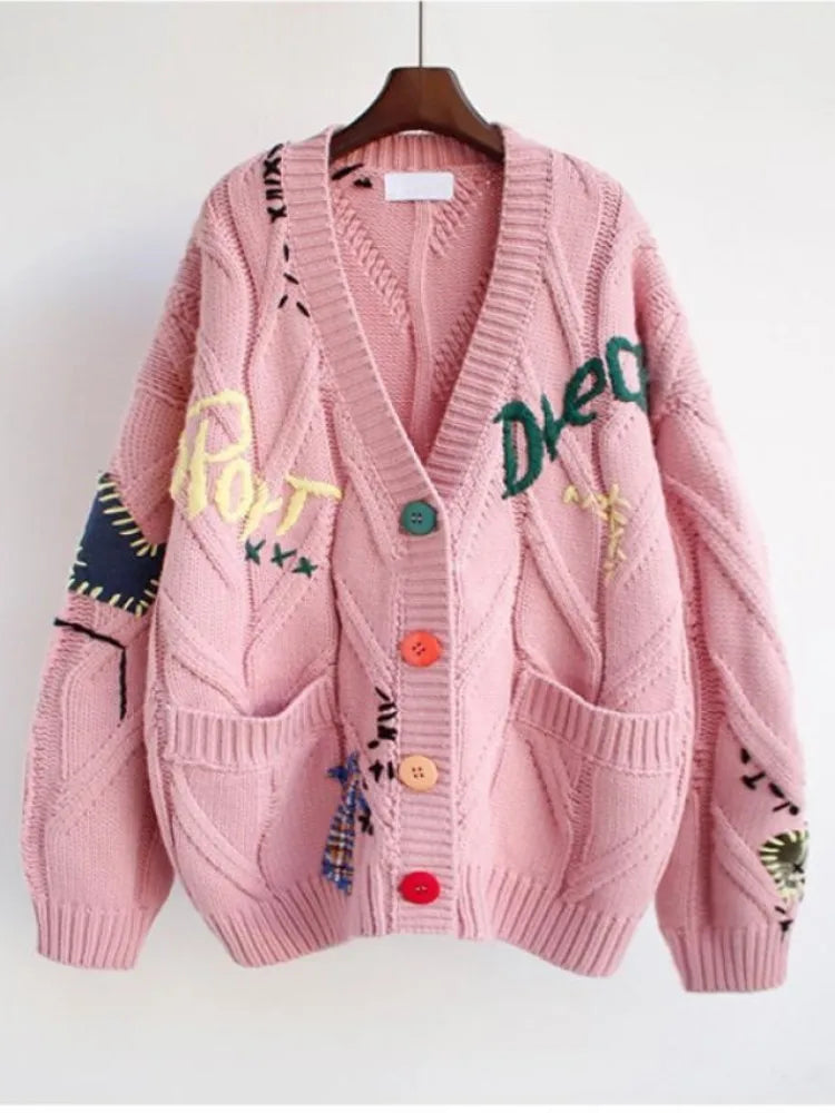 Letter Embroidery Loose V-Neck Cardigan