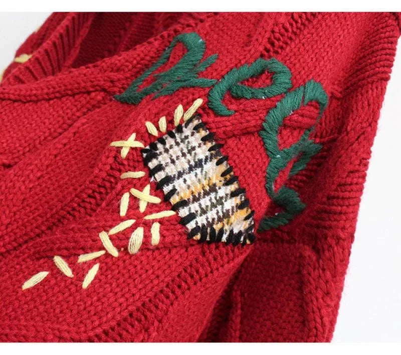 Letter Embroidery Loose V-Neck Cardigan