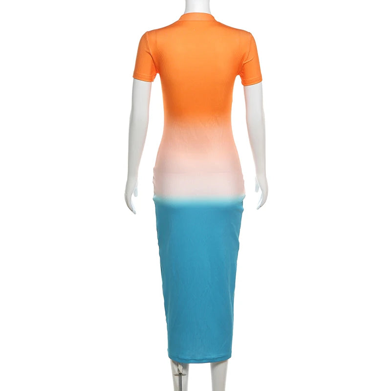 Cut Out Gradient Orange Short Sleeve Maxi Dress