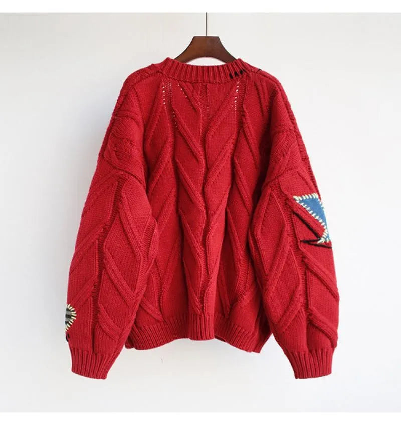 Letter Embroidery Loose V-Neck Cardigan