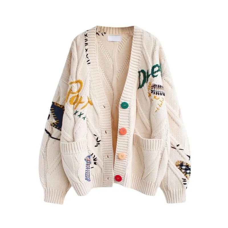 Letter Embroidery Loose V-Neck Cardigan