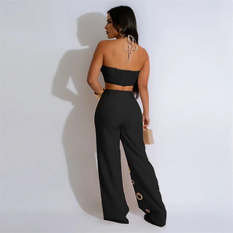 Cut Out Halter Crop Top and Pants Set