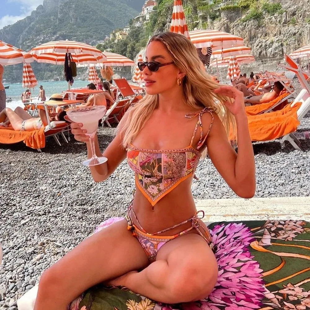 Vintage Print Halter Bikini