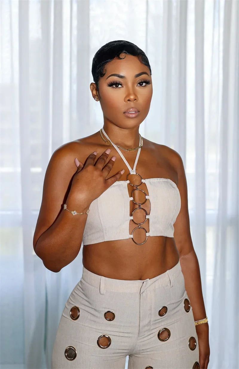 Cut Out Halter Crop Top and Pants Set