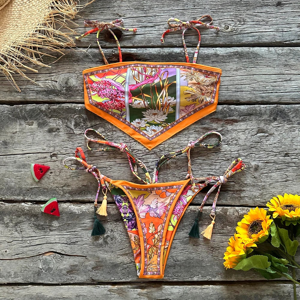 Vintage Print Halter Bikini