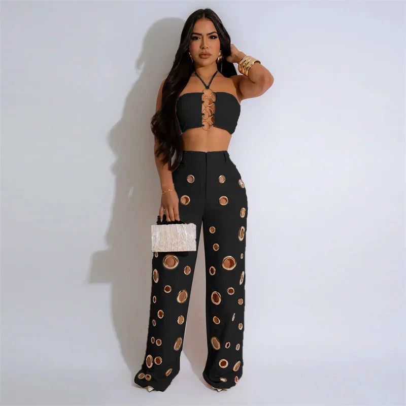 Cut Out Halter Crop Top and Pants Set