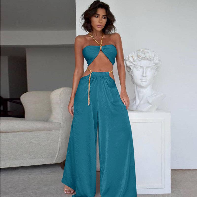 Sexy Halter Vest Crop top And Wide Leg Pants two-piece Suit