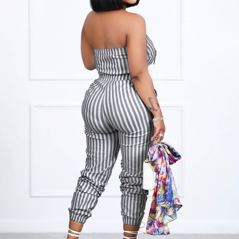 Women's Casual Striped Print Split Strapless Jumpsuits