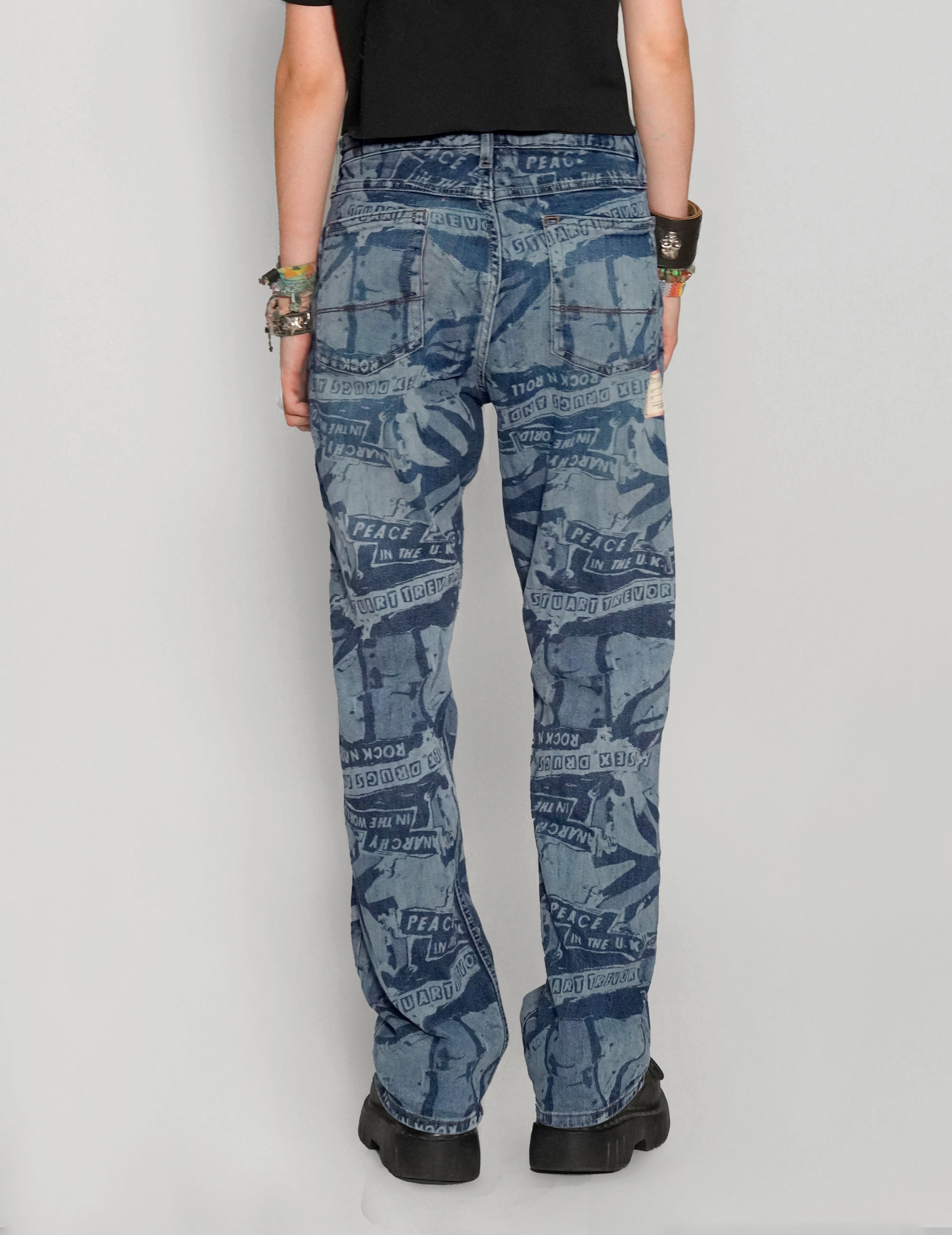 'Peace' Laser Print Jeans in Blue.