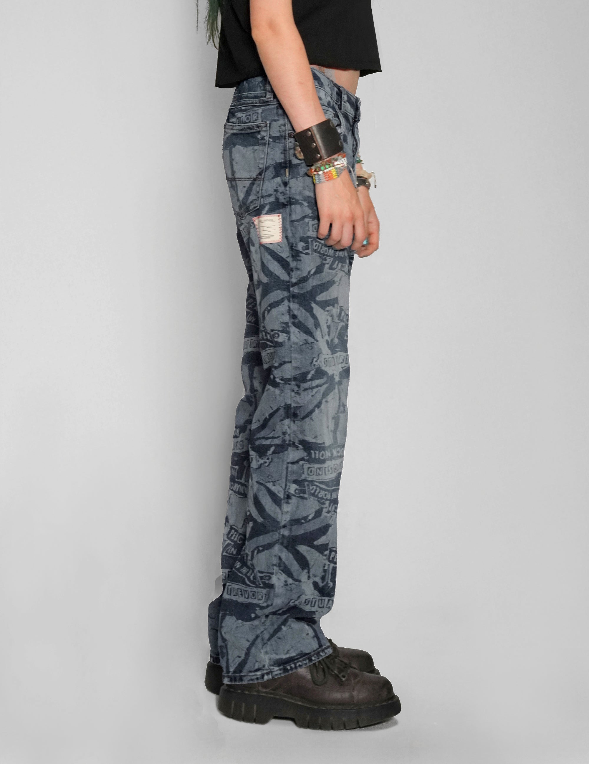 'Peace' Laser Print Jeans in Indigo.
