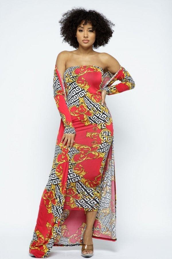 Venechia Print Tube Dress With Cardigan Set.