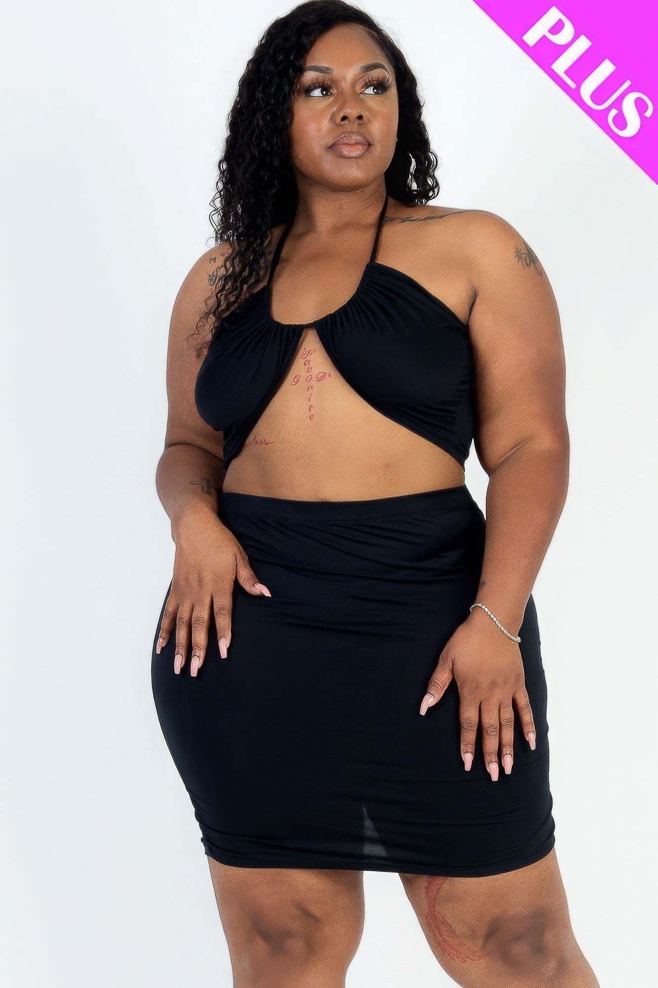 Solid Crisscross Halter Top & Ruched Mini Skirt Set