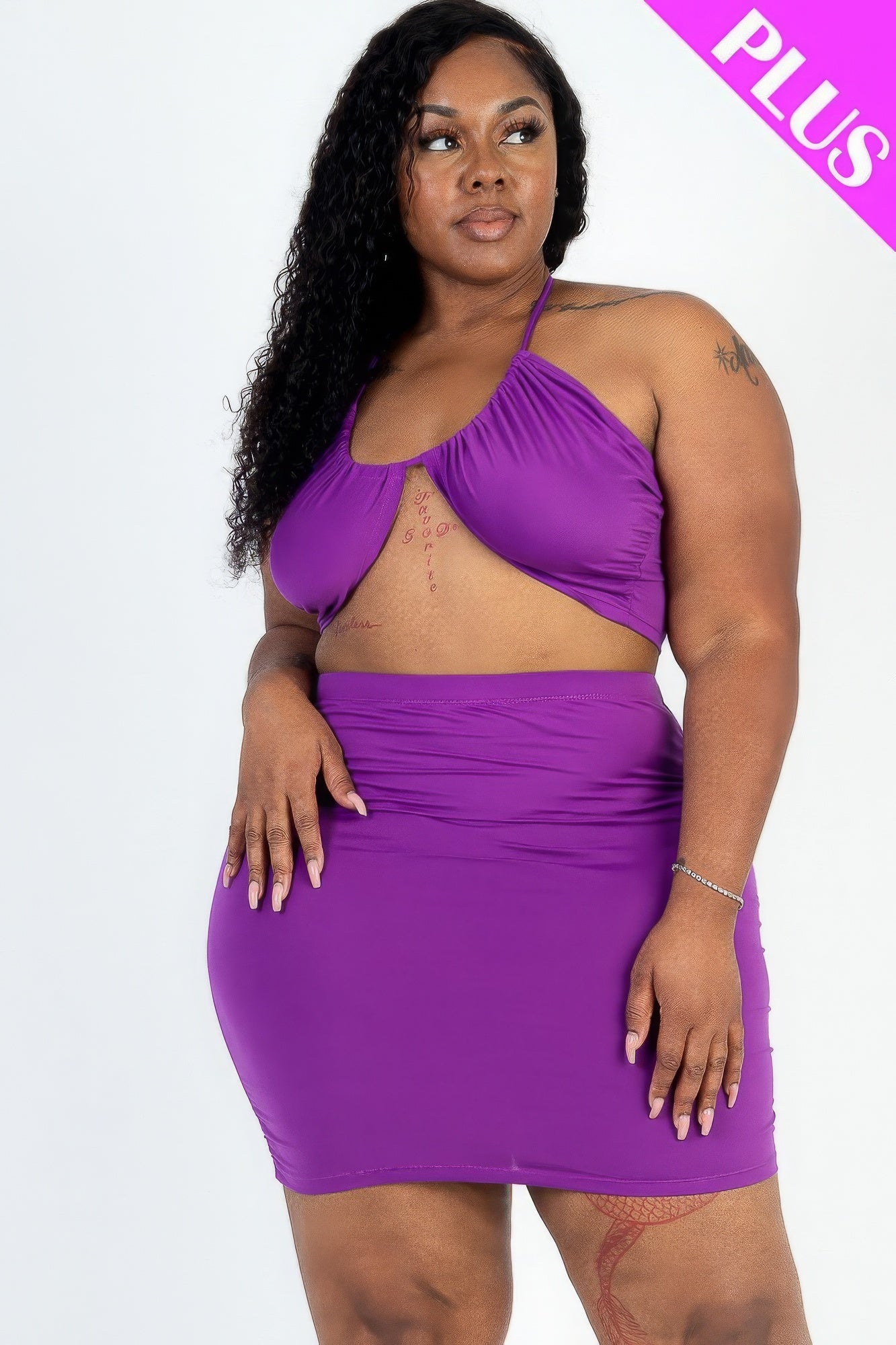 Solid Crisscross Halter Top & Ruched Mini Skirt Set
