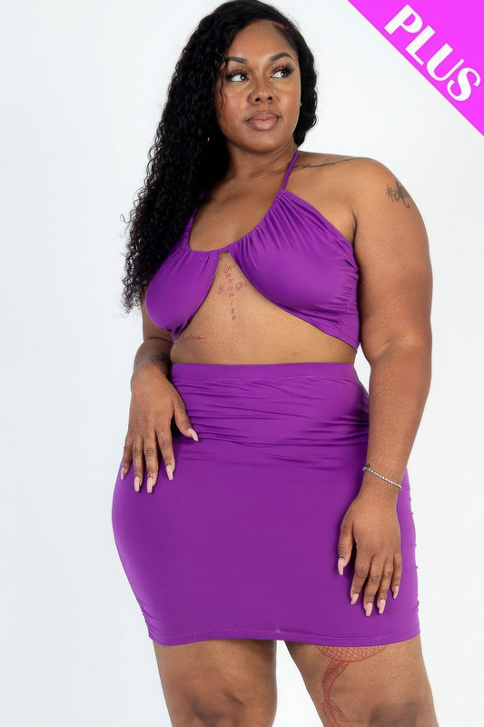 Solid Crisscross Halter Top & Ruched Mini Skirt Set