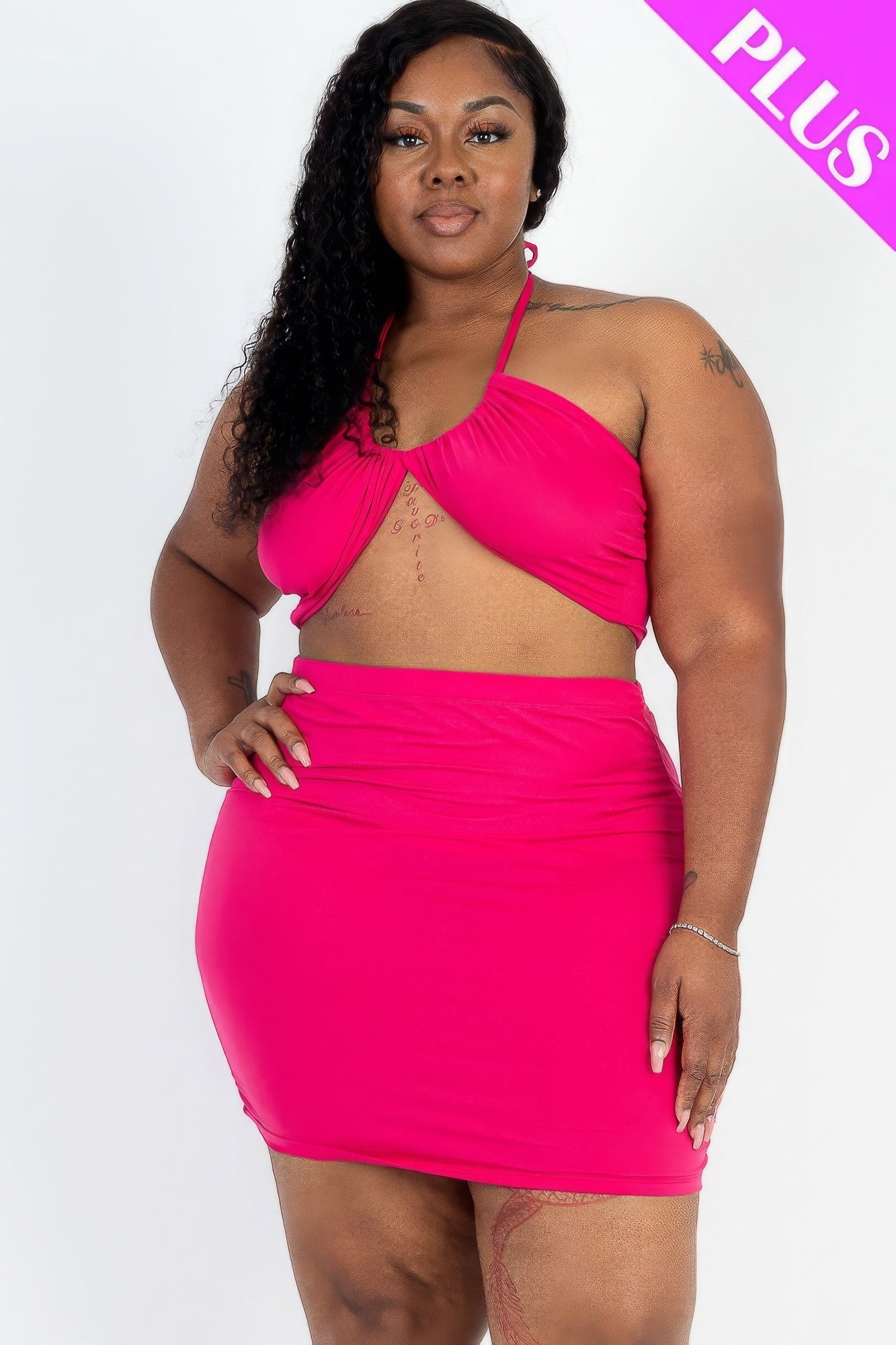 Solid Crisscross Halter Top & Ruched Mini Skirt Set