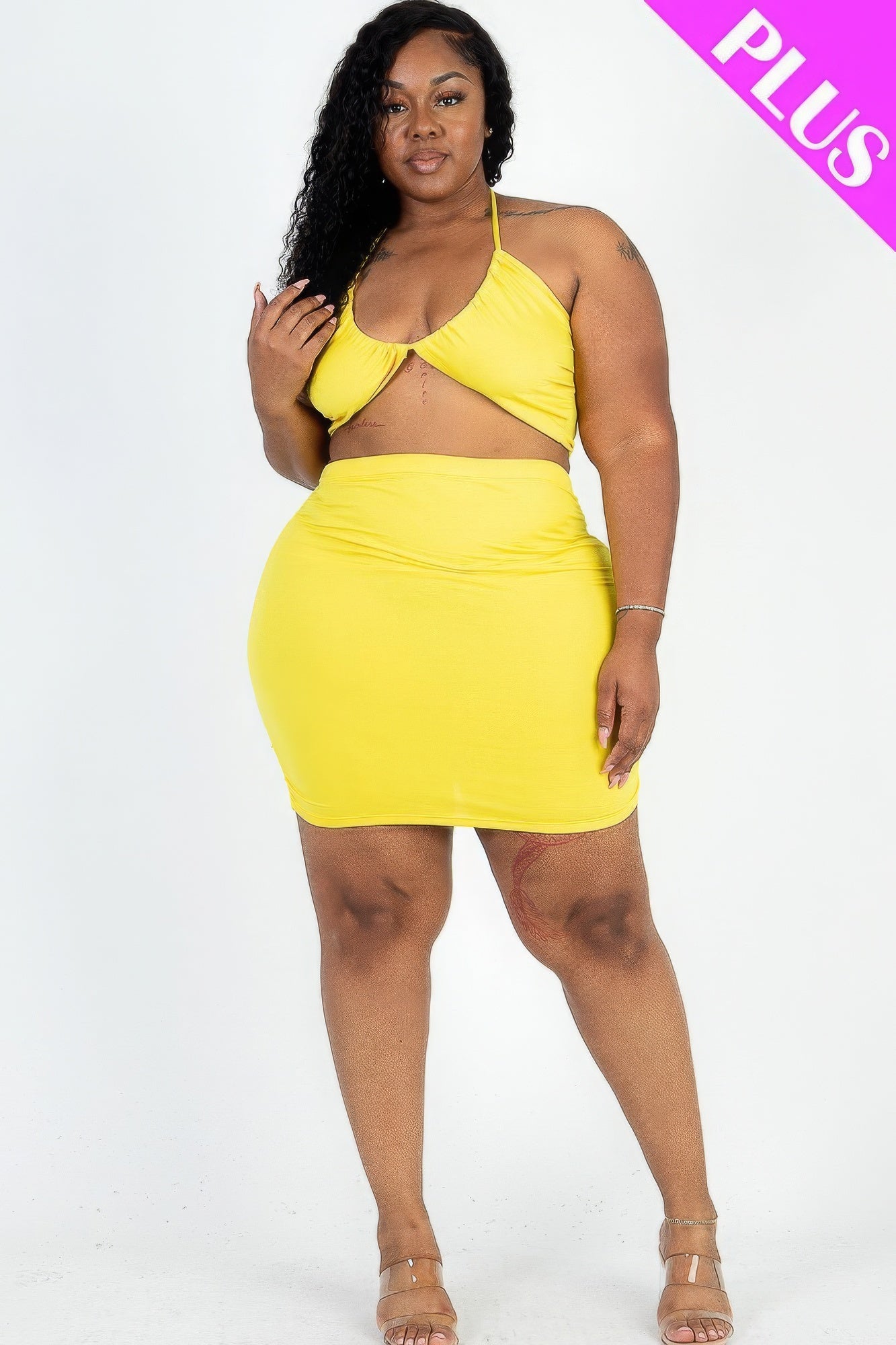 Solid Crisscross Halter Top & Ruched Mini Skirt Set