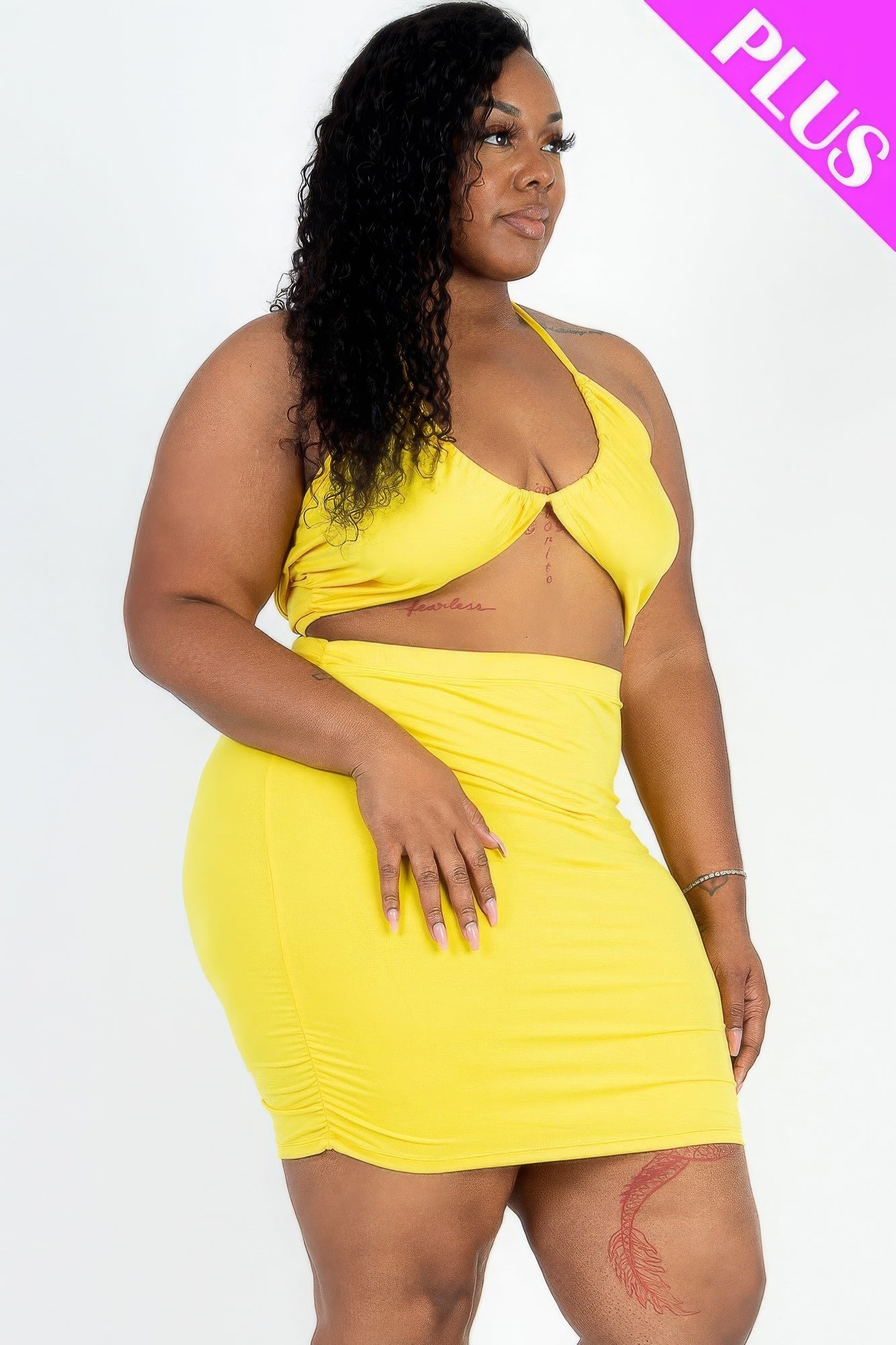 Solid Crisscross Halter Top & Ruched Mini Skirt Set