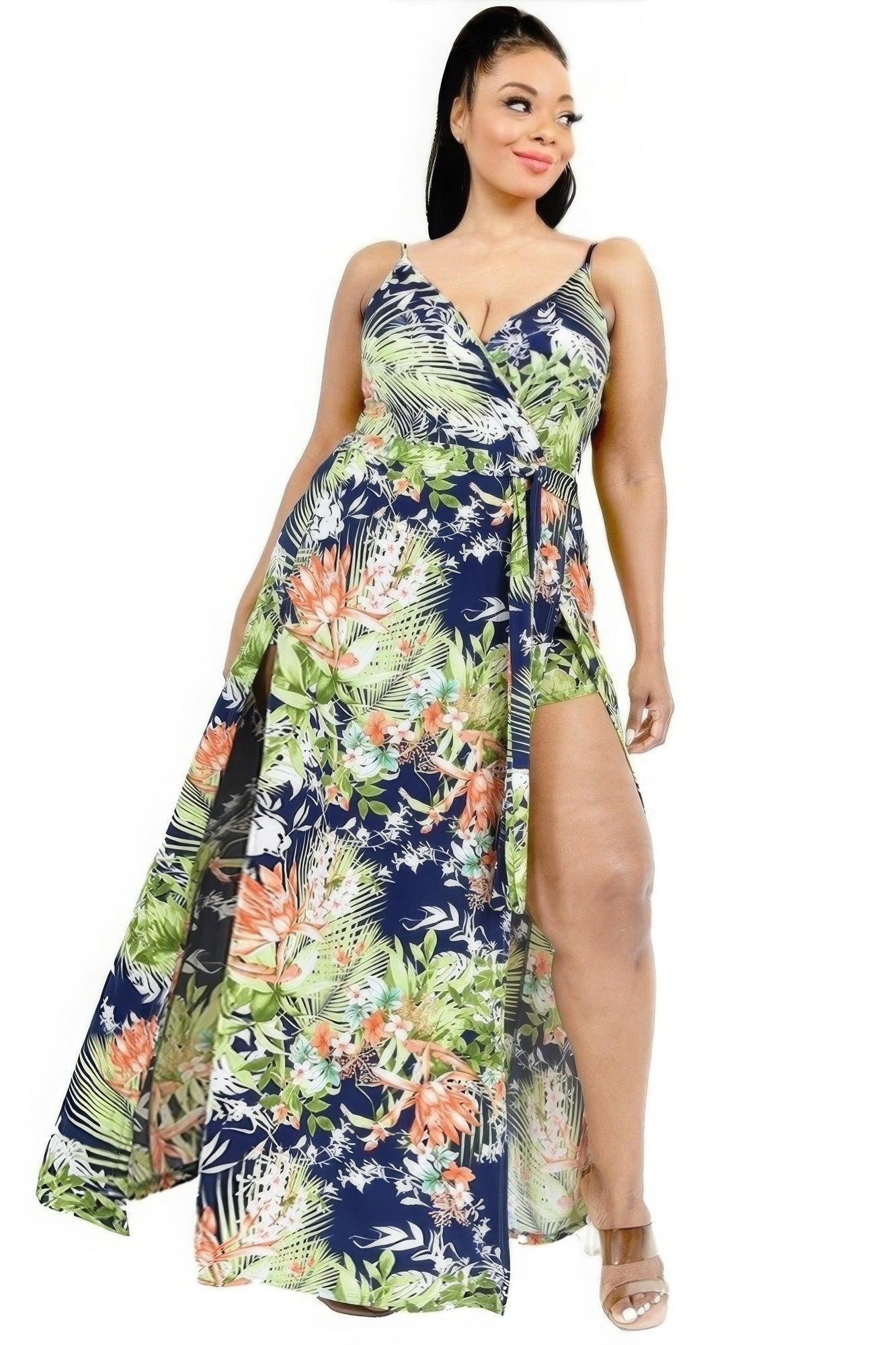 Plus Tropical Leaf Print Surplice Maxi Dress.