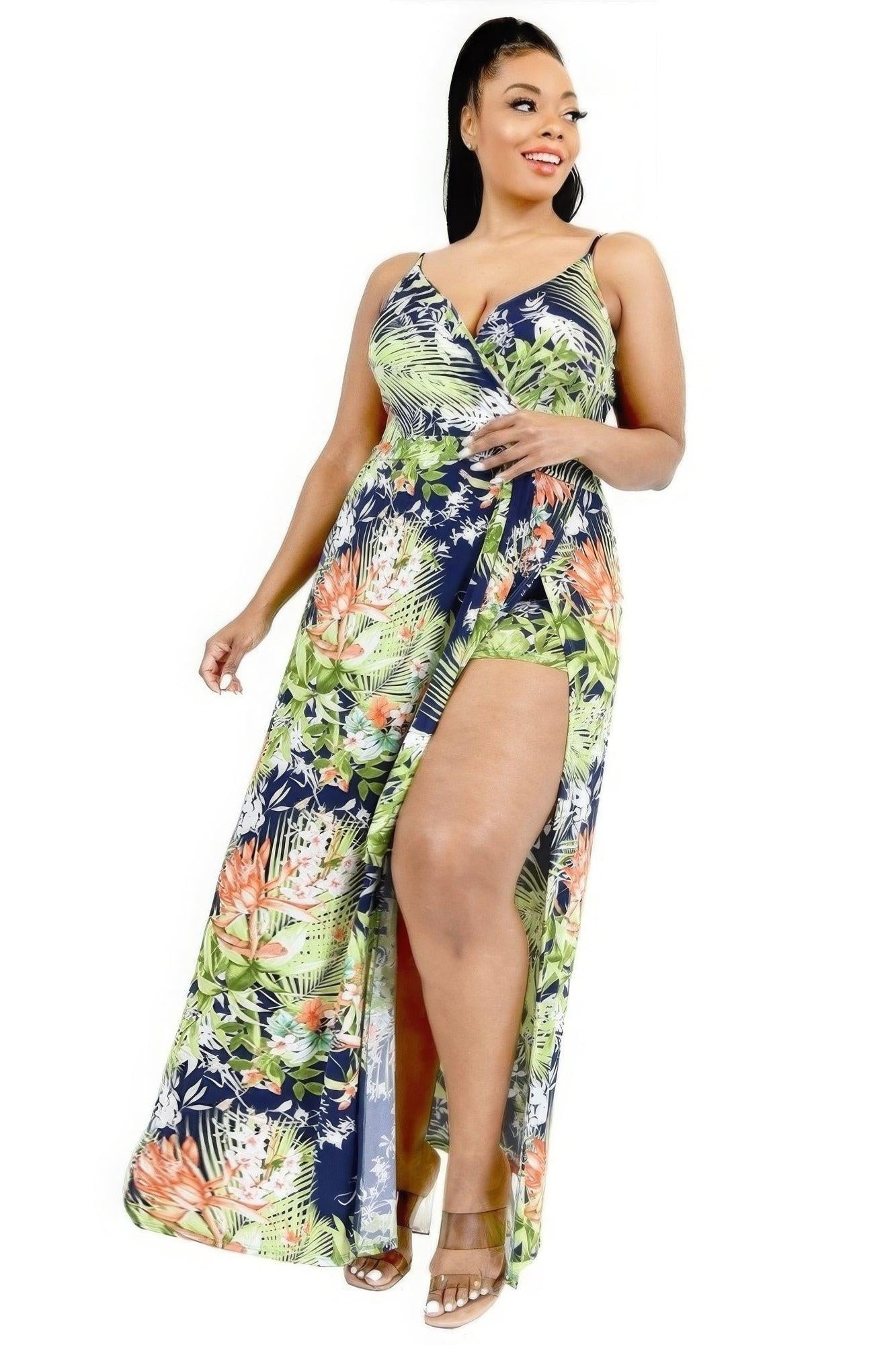Plus Tropical Leaf Print Surplice Maxi Dress.