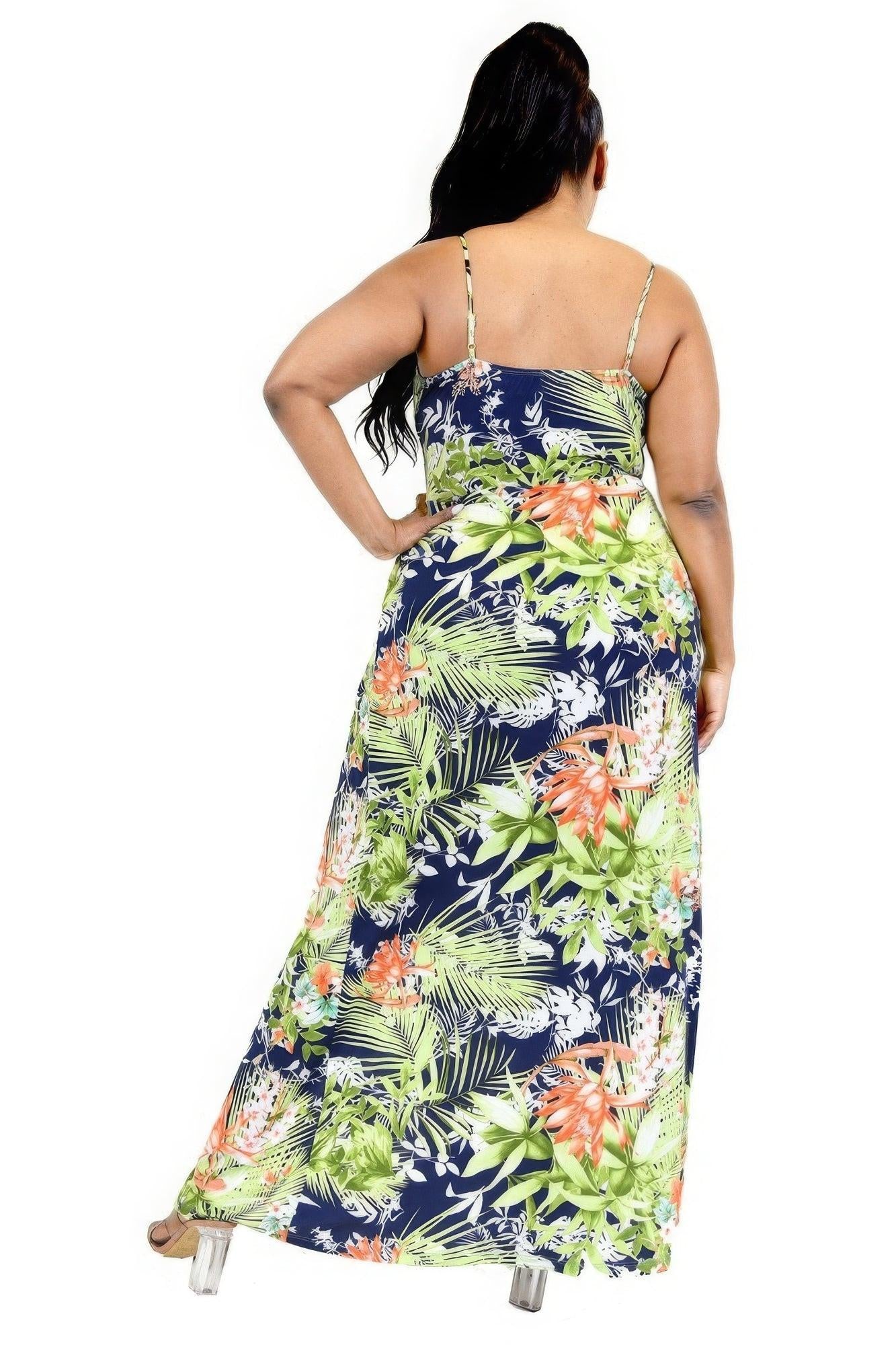 Plus Tropical Leaf Print Surplice Maxi Dress.