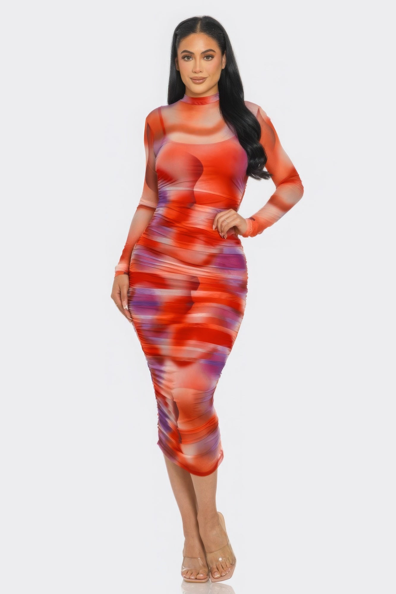 Summer Heat Print Mesh Ruched Midi Dress.
