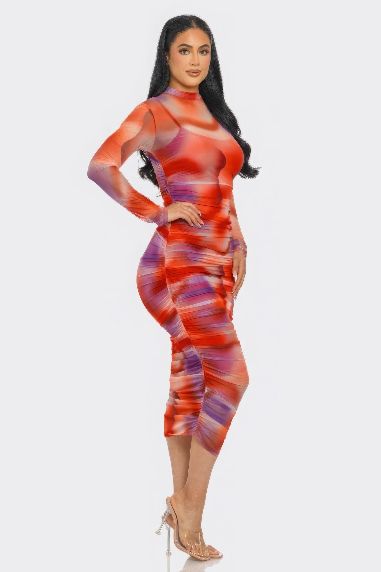 Summer Heat Print Mesh Ruched Midi Dress.
