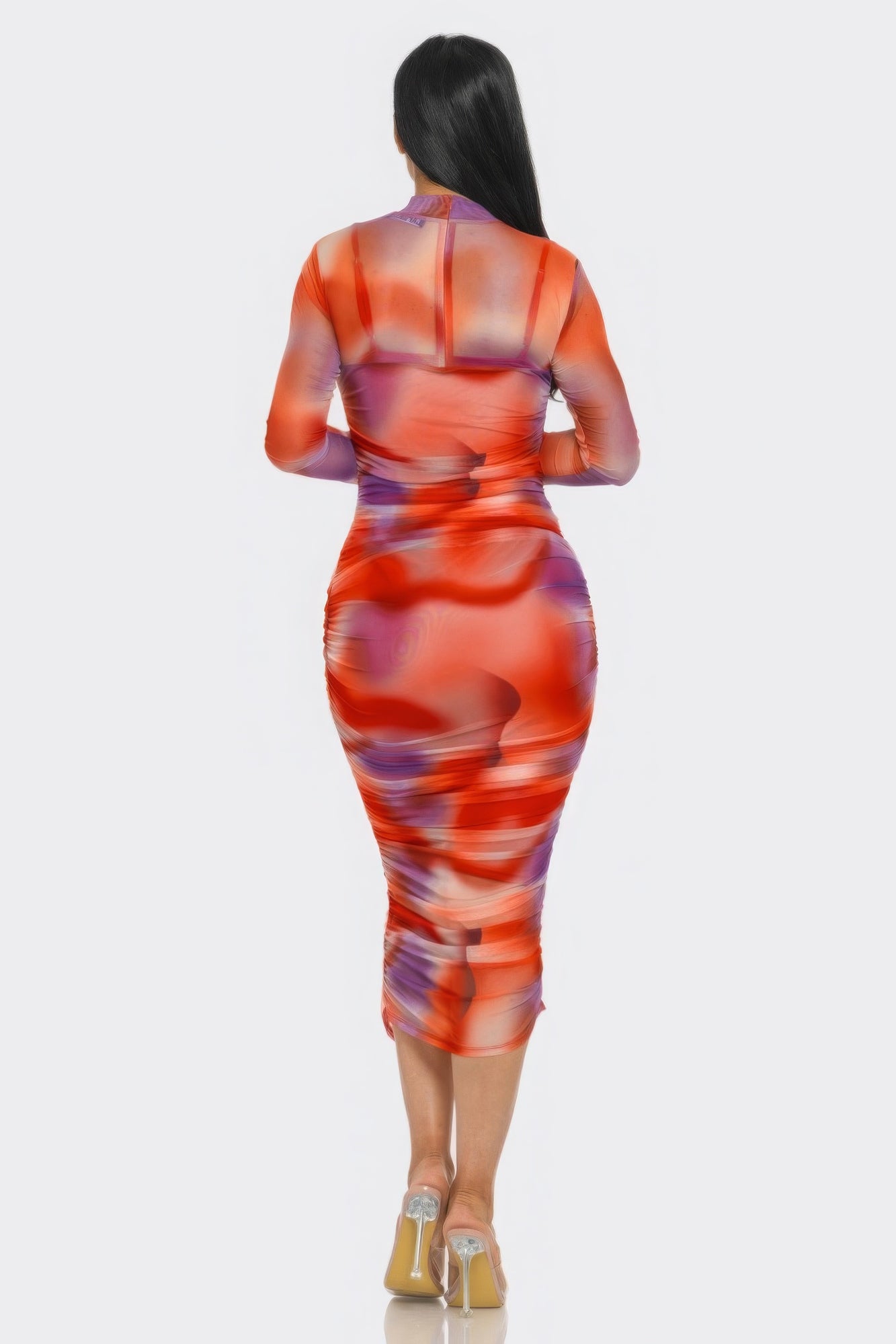 Summer Heat Print Mesh Ruched Midi Dress.