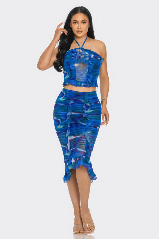 Tropical Waters Print Mesh Ruffle Halter Skirt Set.